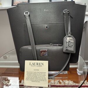 Ralph Lauren SET Bag + Tag + Wallet — Gray Leather Matching Set